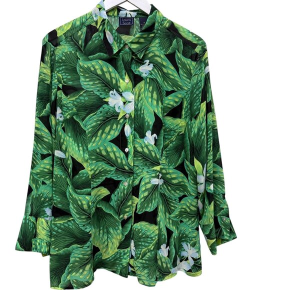 Laura Scott Tropical Leaf Blouse Size 18 Long Sleeve Chiffon Womens Top Green - Picture 1 of 9